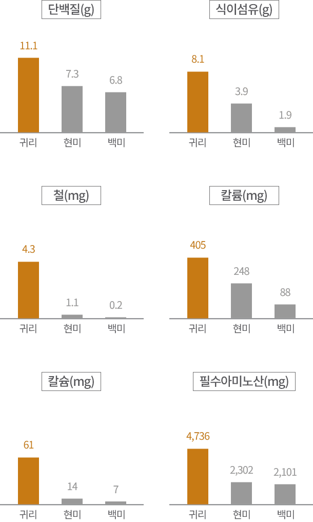 단백질(g), 식이섬유(g), 철(mg), 칼륨(mg), 칼슘(mg), 필수아미노산(mg) 에 대한 귀리, 현미, 백미 함량 그래프